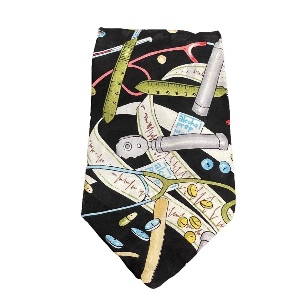 Vintage Nicole Miller Tie Mens One Size Black‎ Silk Medical Doctor Nurse 90s
